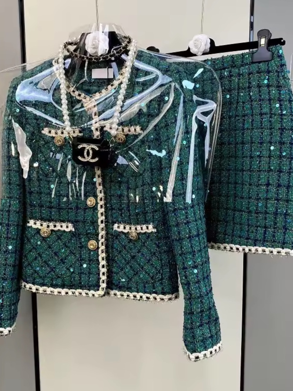 Classic Green Tweed Skirt and Jacket Set